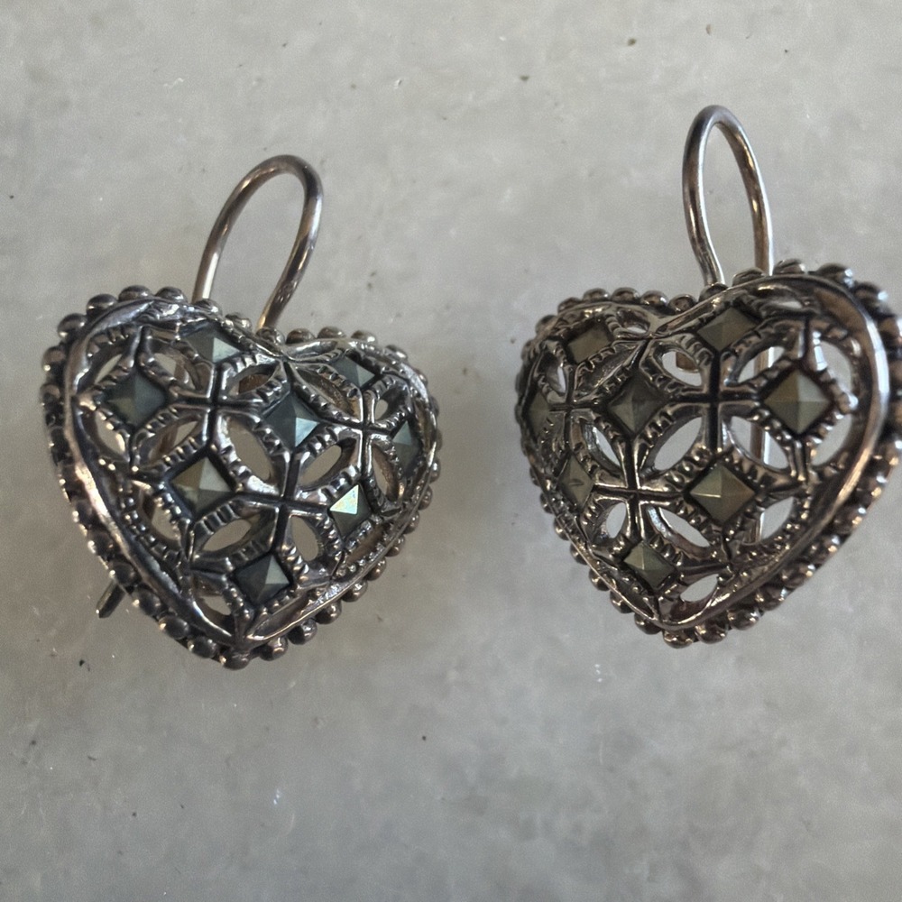 Sterling Silver .925 Marcasite Heart Shaped Pierced Earrings 5.78 g, vintage